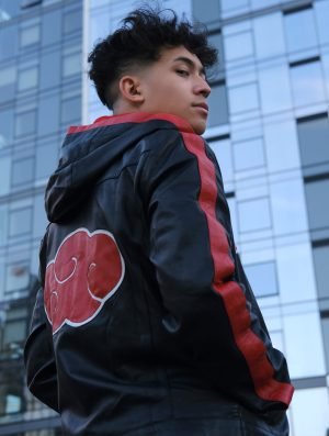 Mens Inspired Itachi Costume Leather Jacket Black with Red Logo - The Jacket Place