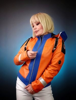 Women's Wattson Hooded Leather Jacket in Orange and Blue Combination