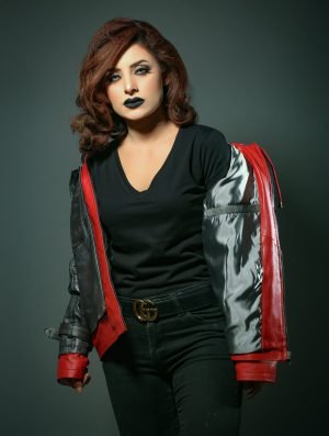Red and Black leather Hooded Jacket for women