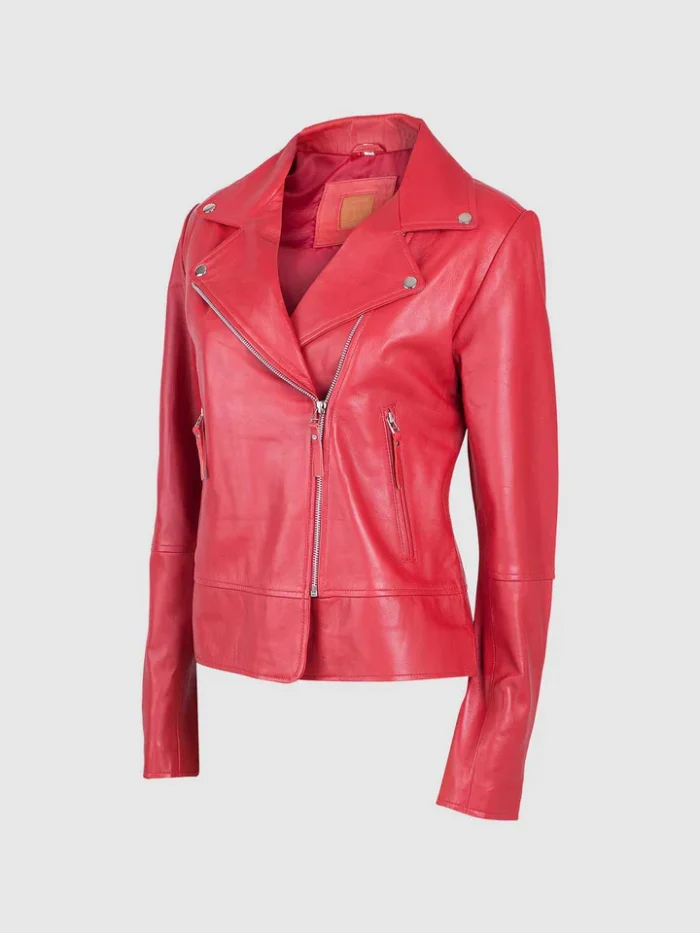 Red Leather Women Biker Jacket - The Jacket Place