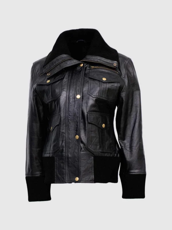 Classic Bomber Leather Jacket Black for Women - The Jacket Place