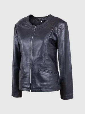 Buy Collarless Leather Black Biker Jacket for Women