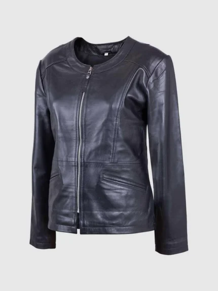 Buy Collarless Leather Black Biker Jacket for Women