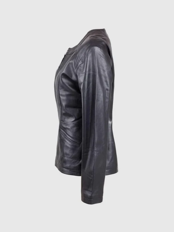 Collarless Leather Biker Jacket for Women