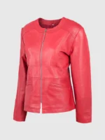 Collarless Leather Red Biker Jacket for Women