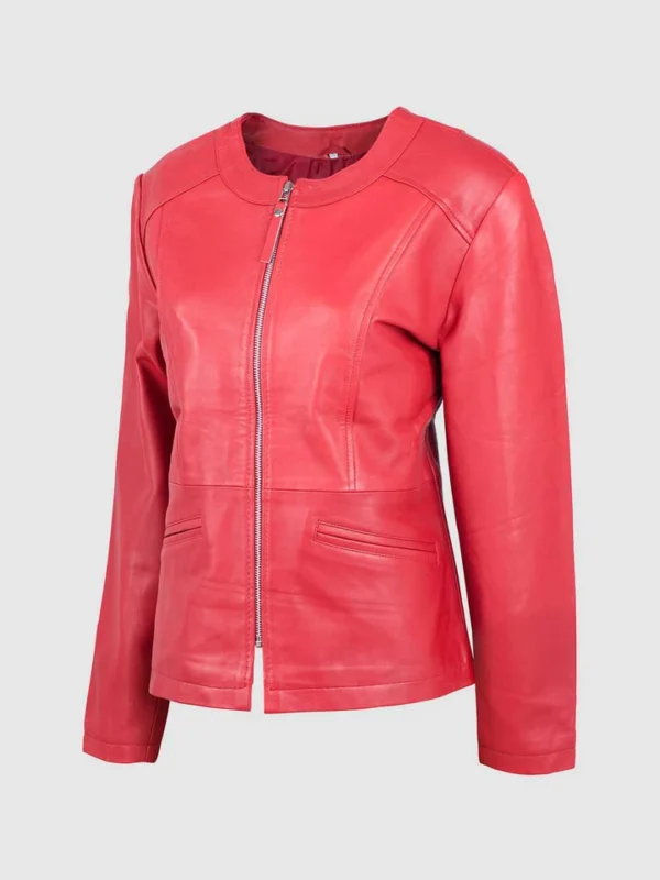 Collarless Leather Red Biker Jacket for Women