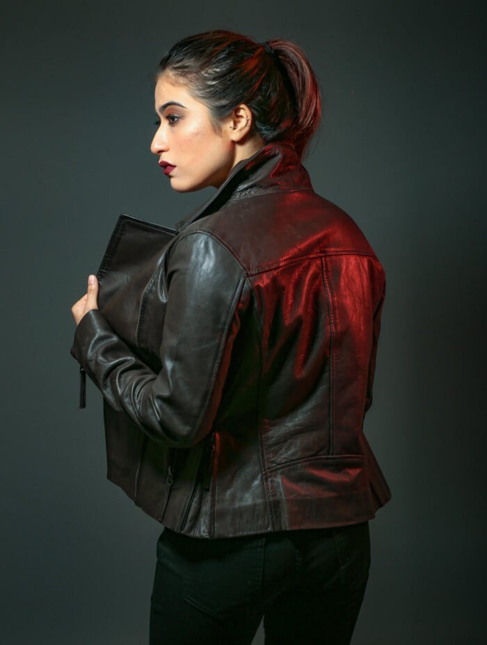 Women Cross Zip Leather Jacket in brown