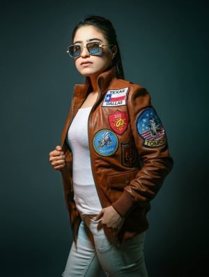 Women's Aircraft Patches Brown Leather Jacket