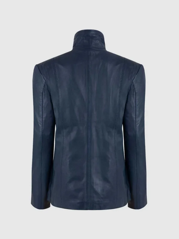 Buy Female High Collar Leather Jacket in Blue Shade