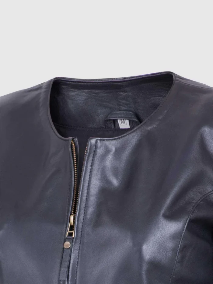 Buy Leather Collarless Jacket in Black for Women