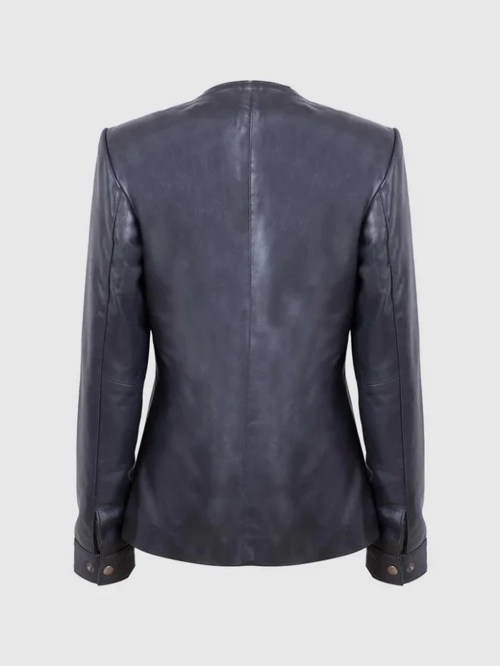 Black Leather Collarless Women Jacket