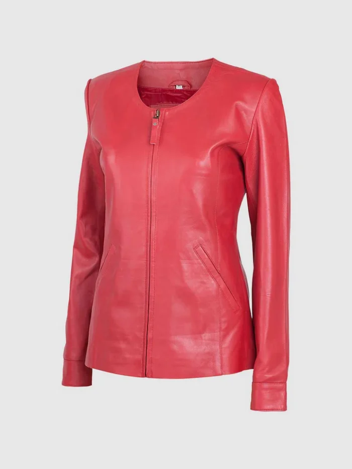 Red Leather Collarless Women Jacket on Sale - The Jacket Place