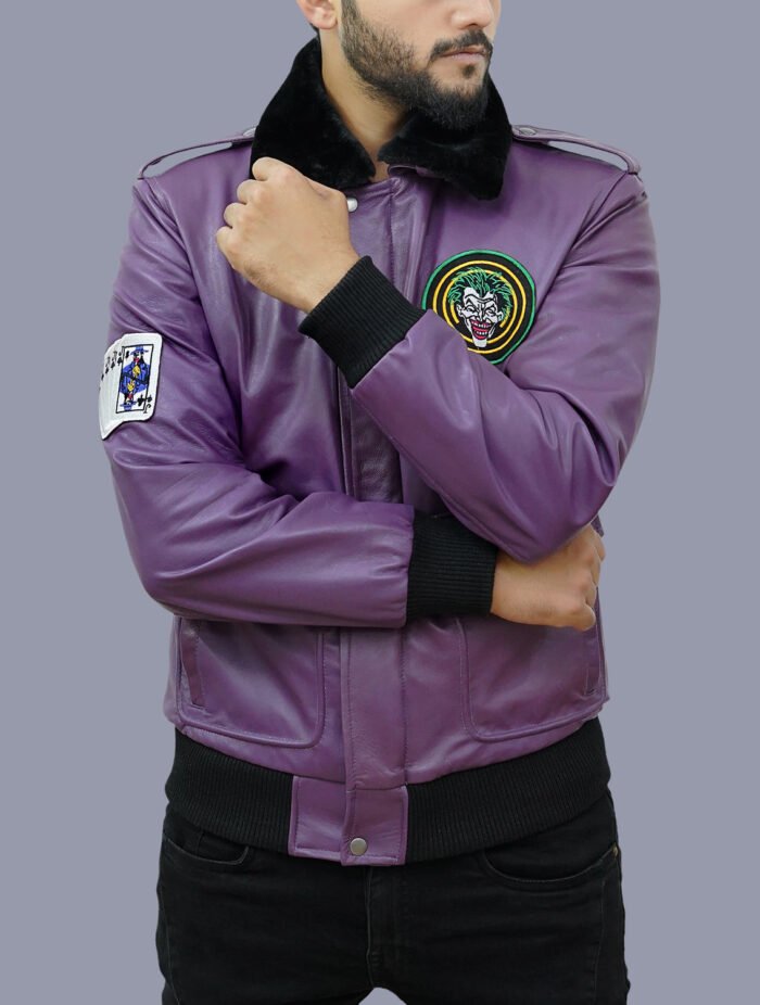 Purple Men's Goon Clown Prince of Crime Bomber Leather Jacket Purple - The Jacket Place