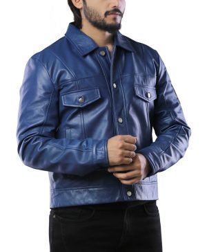 Buy Classic Mens Capsule Corp Blue Leather Jacket - The Jacket Place
