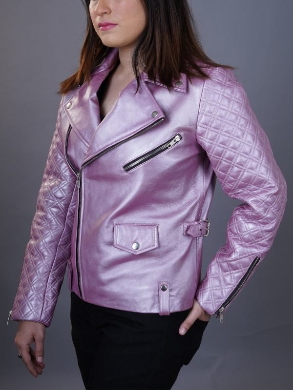 Pink Quilted Leather Biker Jacket for Women