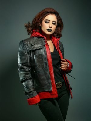 Red and Black leather Hooded Jacket