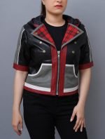Elevate your style in Womens Game Inspired Sora Hooded Costume Leather Jacket