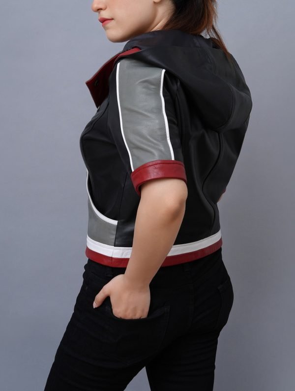 Red and Black Game Inspired Sora Hooded Costume Leather Jacket for Women