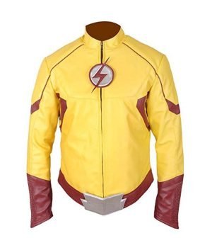 Buy The Kid Flash Yellow Leather Jacket with Maroon Stripes