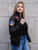 Top Gun Bomber Leather Jacket for Women in Black