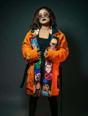 Women's Inspired Dragon Hand Painted Fur Jacket in Orange