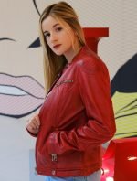 Women's Red Slim Fit Motorcycle Leather Jacket Sleeves Design