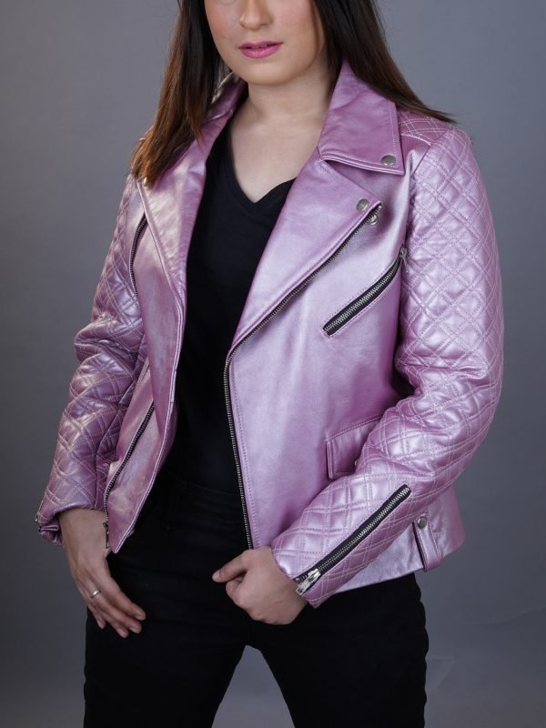 Be Comfortable All The Time in Biker Pink Metallic Moto Leather Jacket for Women