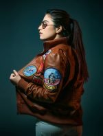 Women's Aircraft Patches Brown Leather Jacket Sleeves Design