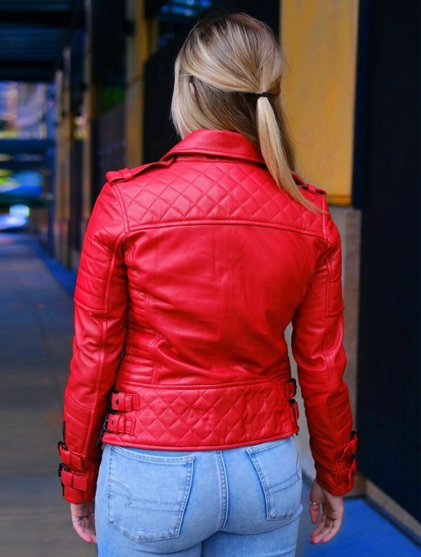 Buy Red Savannah Quilted Leather Motorcycle Jacket from The Jacket Place