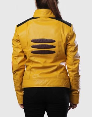Womens Inspired Yellow Leather Jacket with Black Stripes