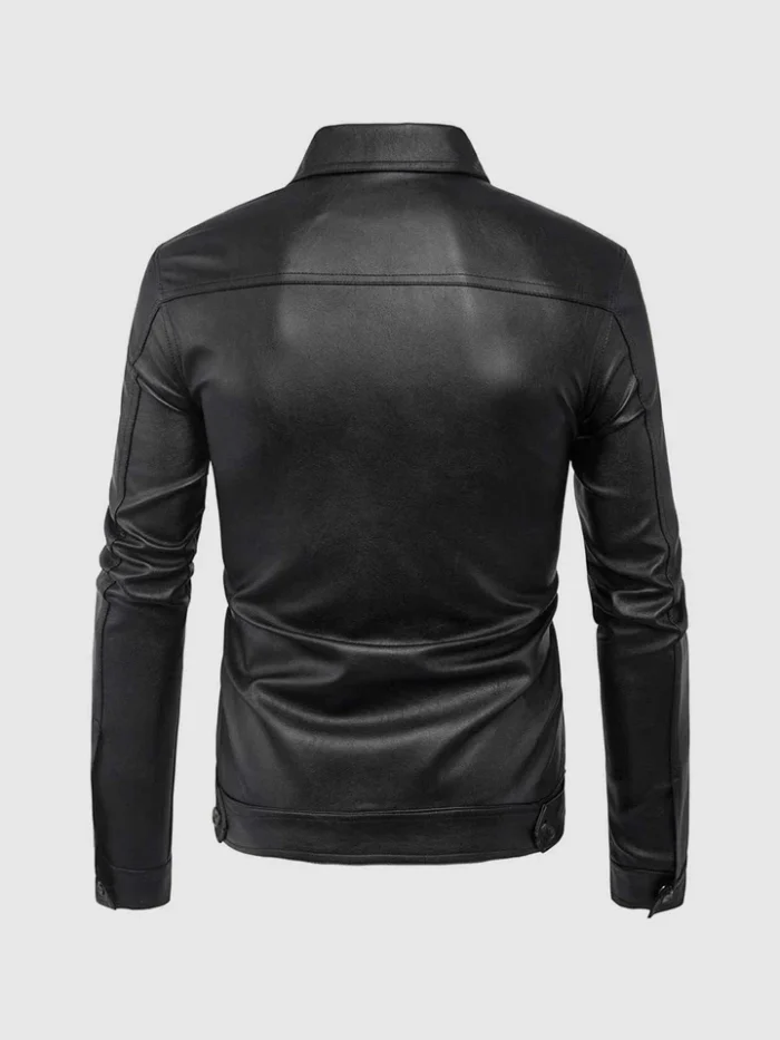 Men Collared Leather Jacket in Black