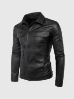 Men Cowhide Collared Leather Jacket Black