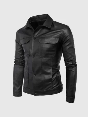 Men Cowhide Collared Leather Jacket Black