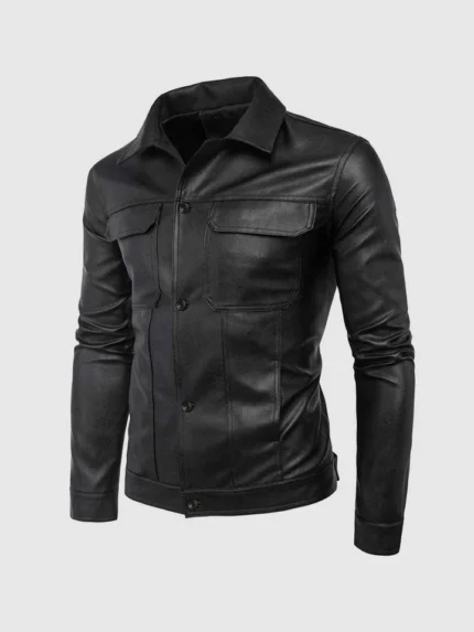 Men Cowhide Collared Leather Jacket Black