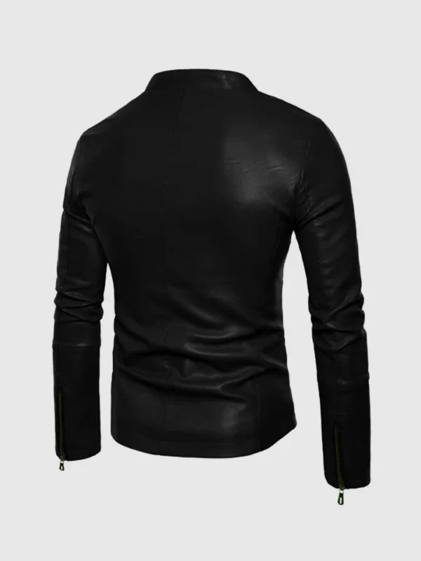 Small Collar Black Leather Jacket for Men on Sale