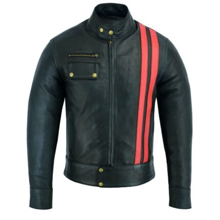 Cafe Racer Red Striped Biker Leather Jacket