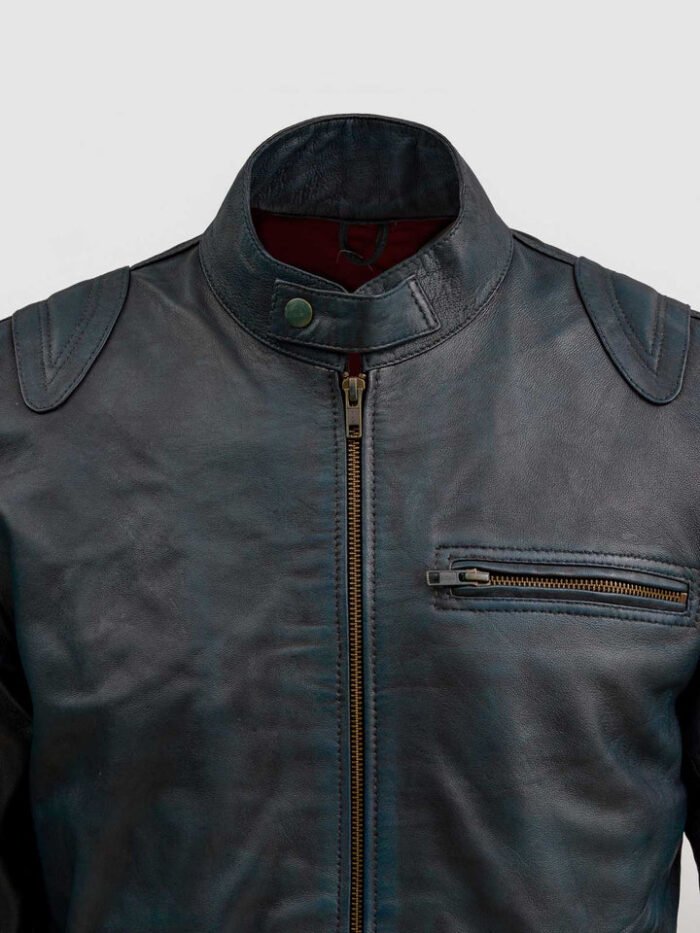 Blue Waxed Leather Jacket With Reddish Shade