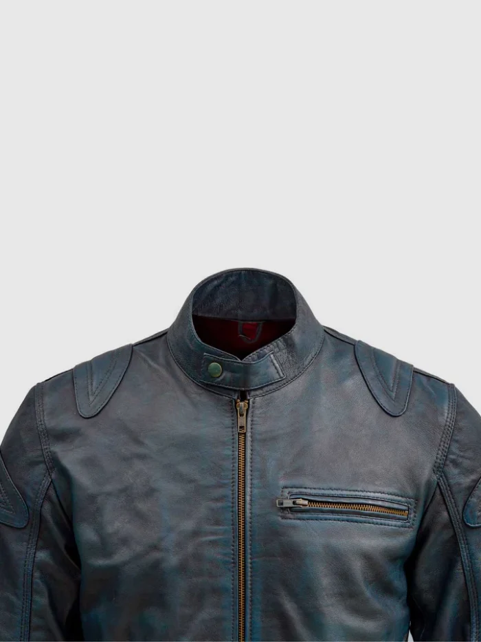 Buy Blue Waxed Leather Jacket With Red Shade for Men