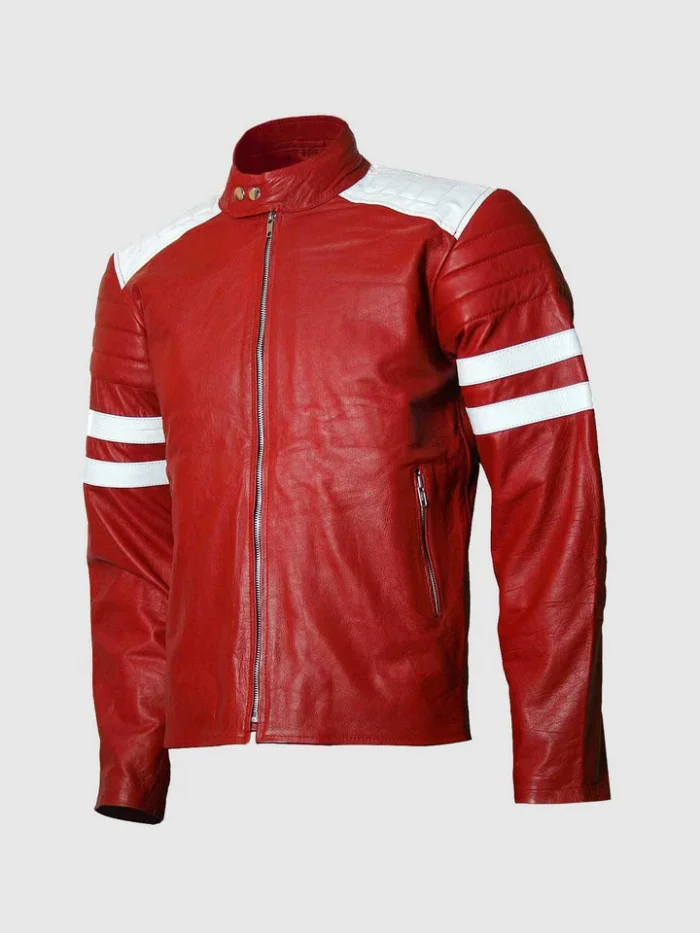 Brad Pitt Fight Club Red & White Leather Jacket for Men