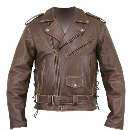Brown Distressed Leather Motorcycle Armoured Jacket with Skull