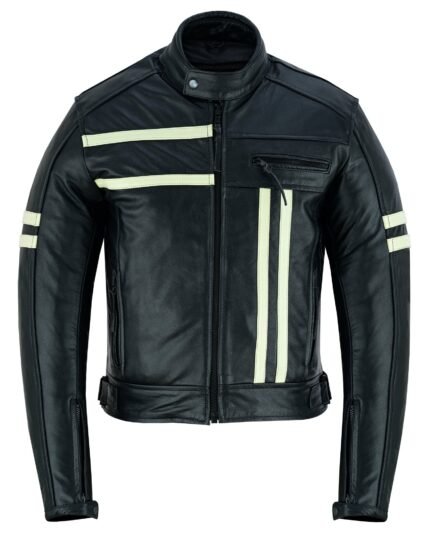 Cafe Racer Black Cruiser Motorcycle Leather Jacket with Creme Stripe