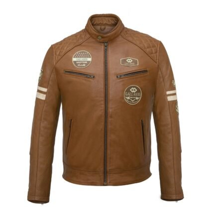 Classic Mens British Tan Motorcycle Leather Jacket With Badges