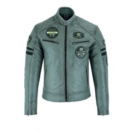 Classic Men's Grey Motorcycle Leather Jacket with Badges