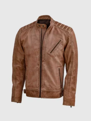 Classic Men Distressed Leather Waxed Jacket Brown Color