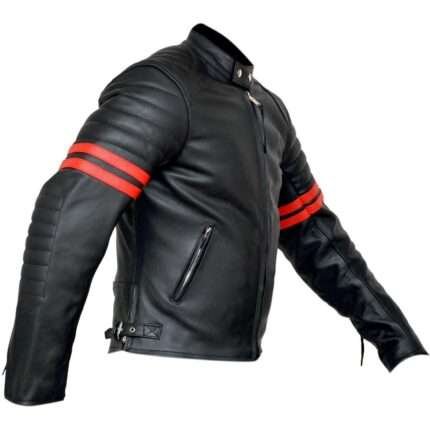 Fight Club 2 Red Striped Cafe Racer Style Retro Leather Jacket