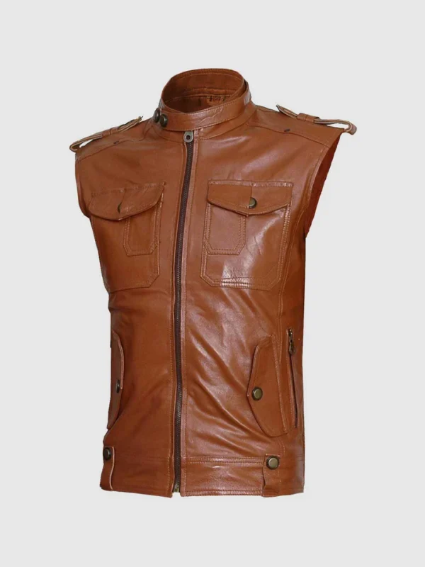 Buy Flapper Style Men Tan Sleeveless Leather Jacket