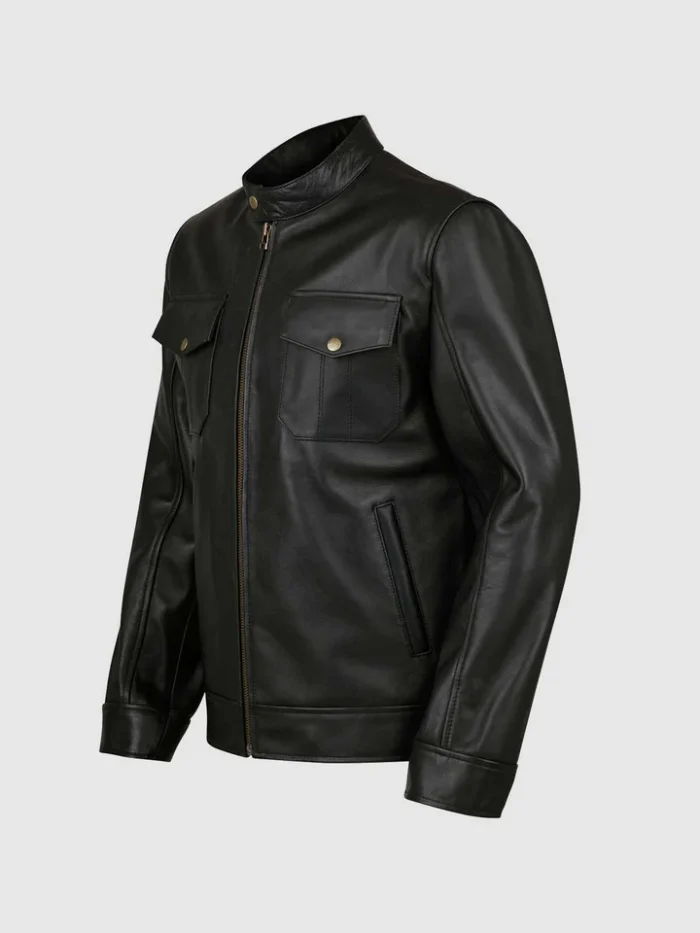 Mens 4 Pocket Leather Jacket in Black