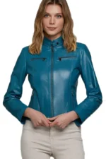 Green biker leather jacket for womens