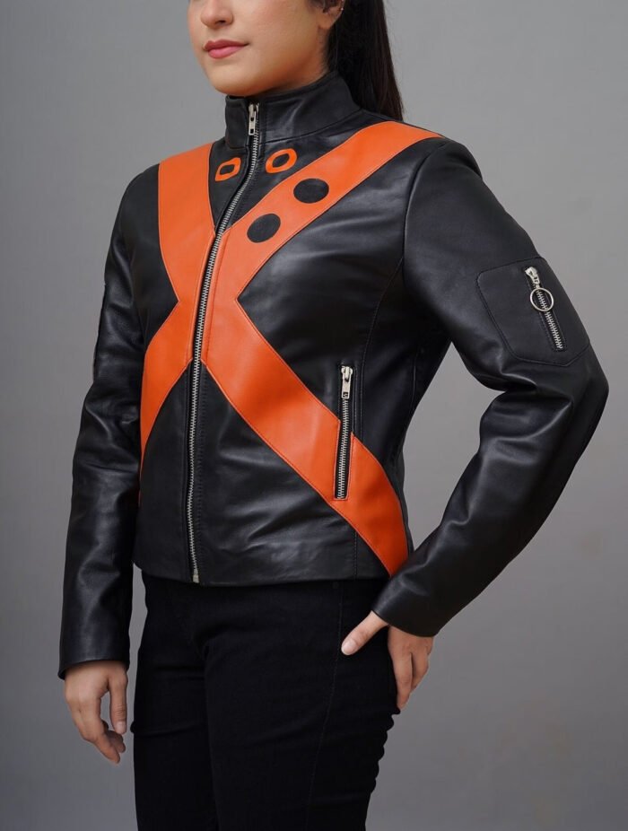 Handmade Black Leather Cosplay Costume Jacket with Orange Stripes - The Jacket Place