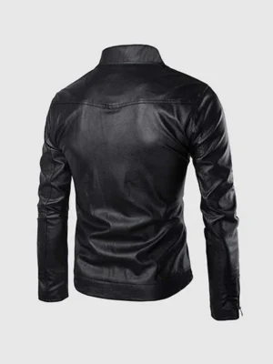 High Collar Leather Jacket Black for Men